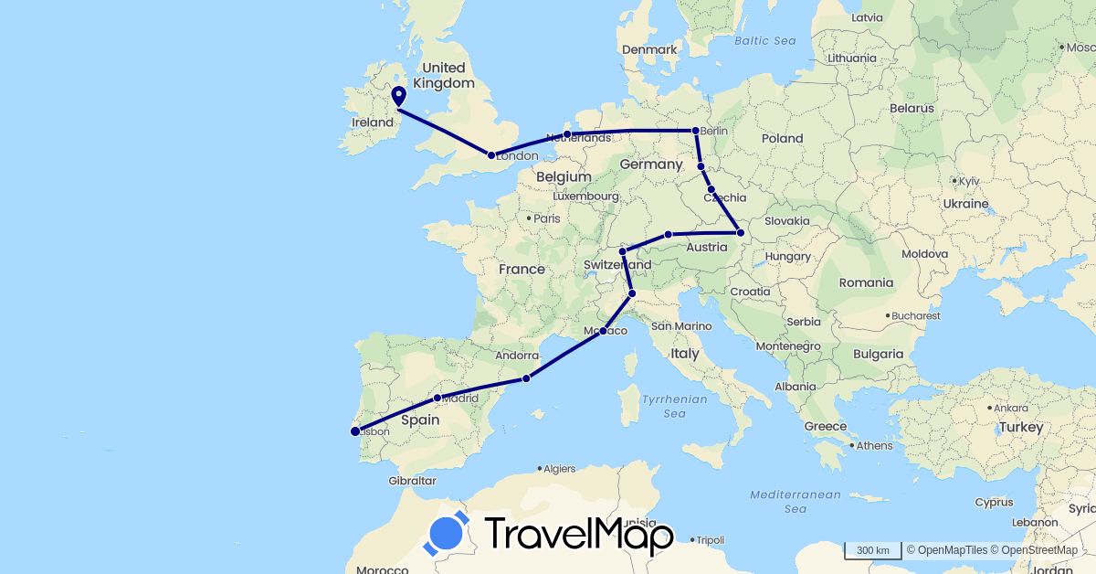 TravelMap itinerary: driving in Austria, Switzerland, Czech Republic, Germany, Spain, France, United Kingdom, Ireland, Italy, Netherlands, Portugal (Europe)